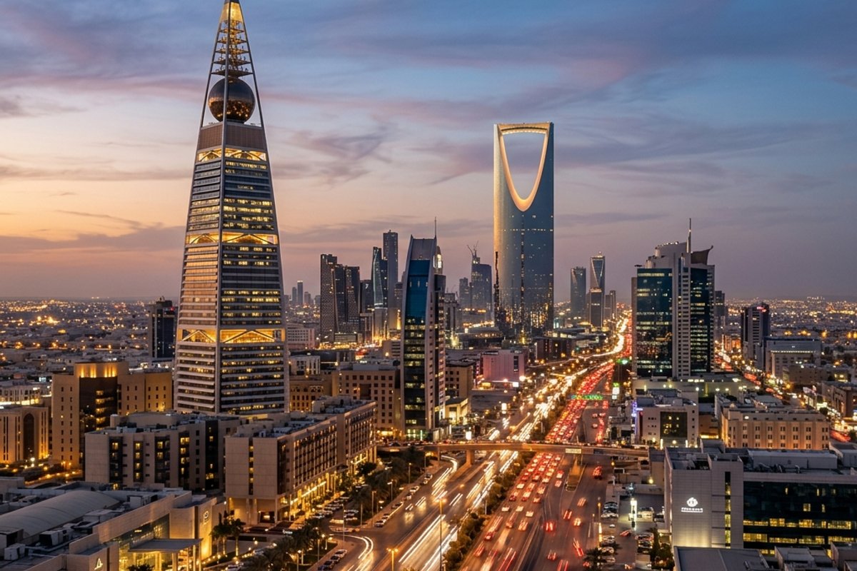 Riyadh skyline at sunset with Kingdom Tower
