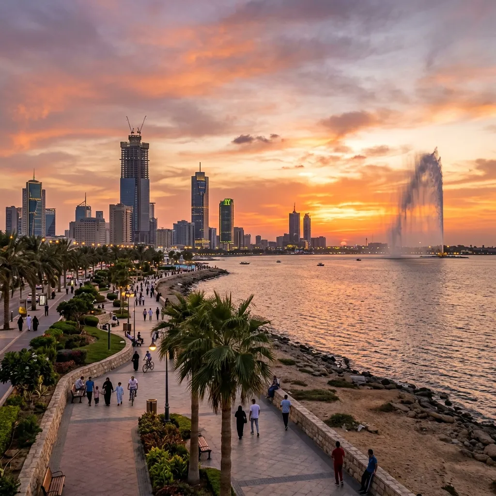 Jeddah Corniche waterfront and skyline at sunset