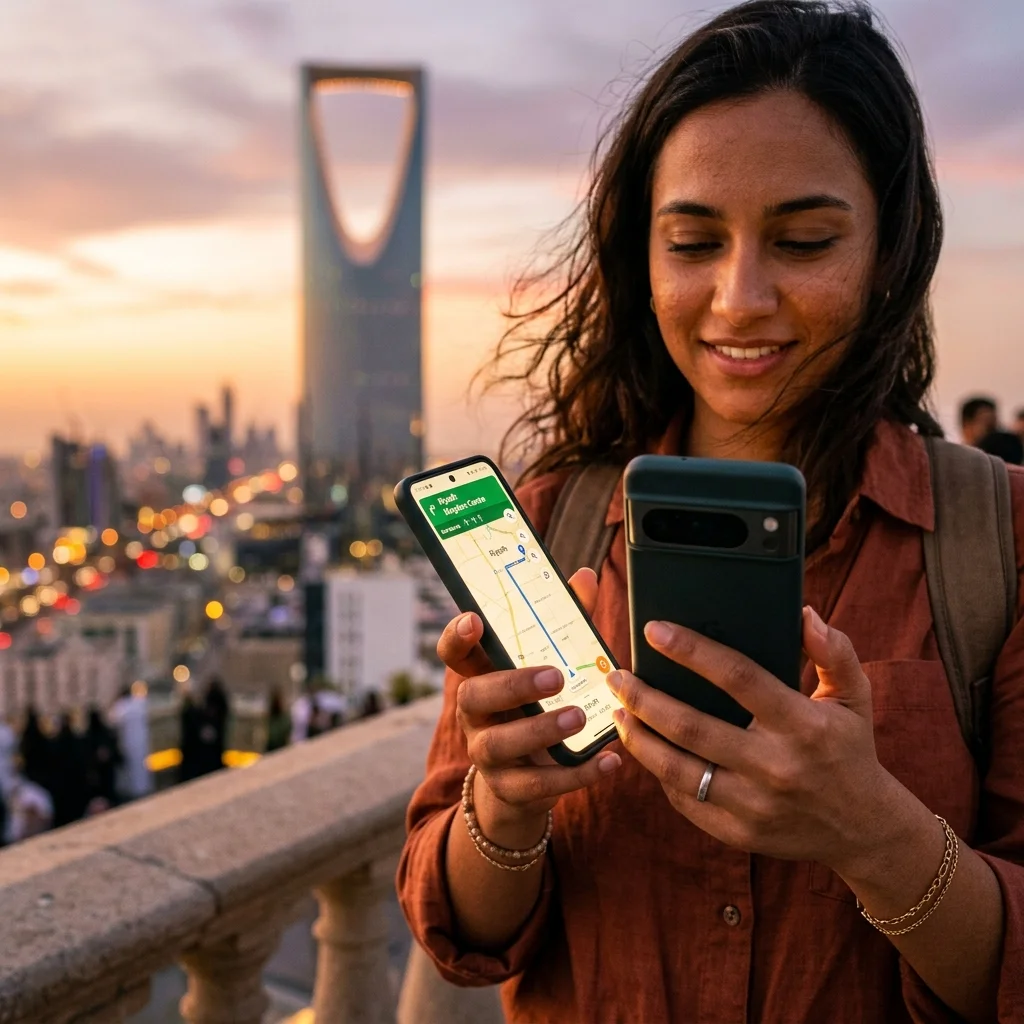 Tourist using smartphone with Saudi Arabia landmark background