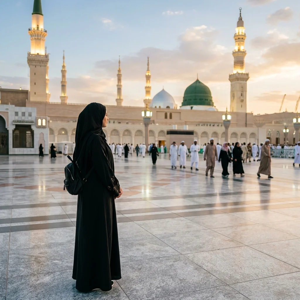 Woman wearing abaya and hijab in Madinah